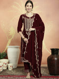 Maroon velvet straight kurta set with resham thread embroidery and sequin work