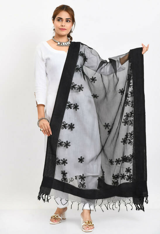 Elegant black organza dupatta with delicate all-over chikan embroidery