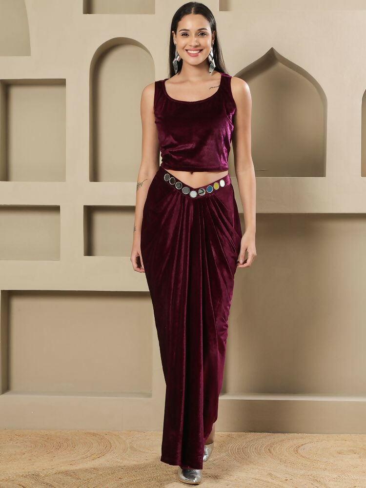 Women's Wine Velvet Hand Embellished Stitched Evening Dress