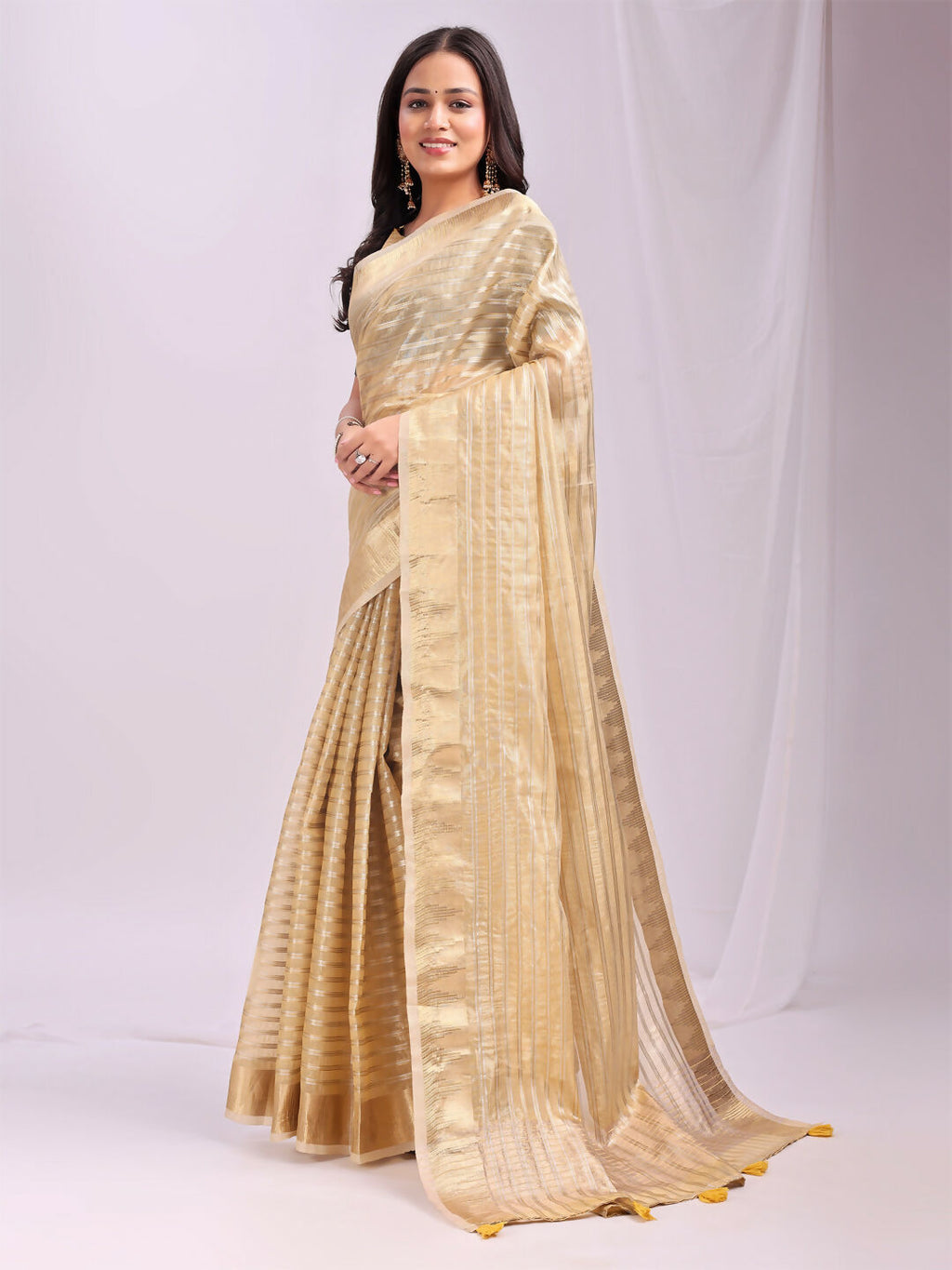 Gold Organza Saree with Matching Blouse Fabric