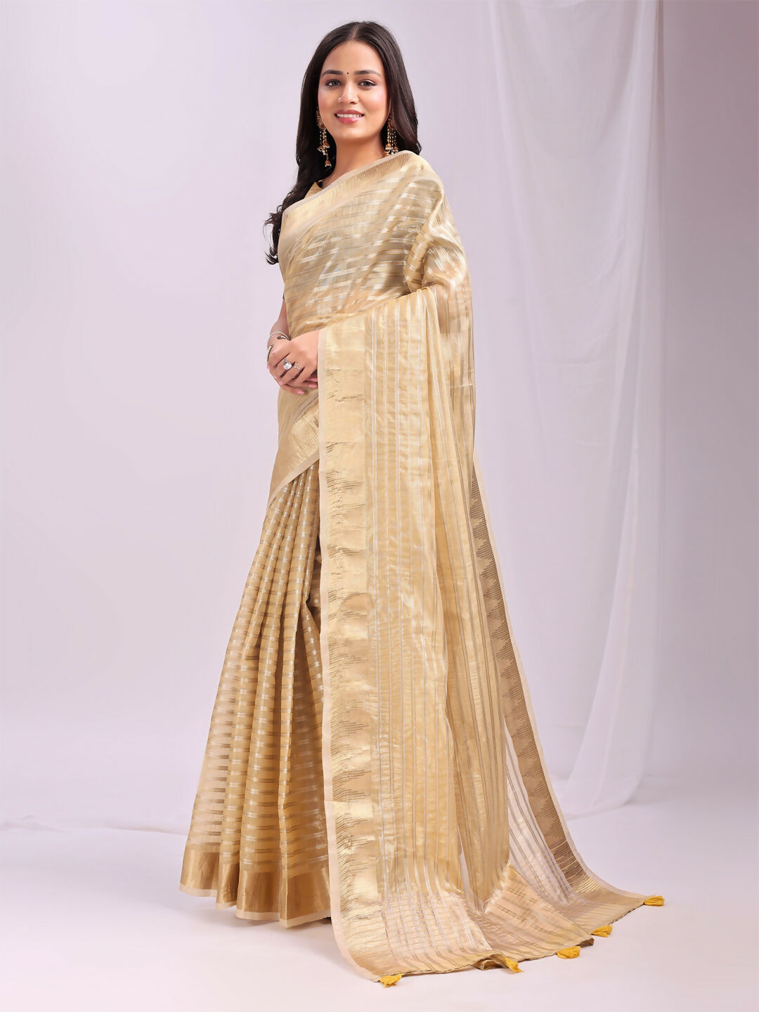 Gold Organza Saree with Matching Blouse Fabric