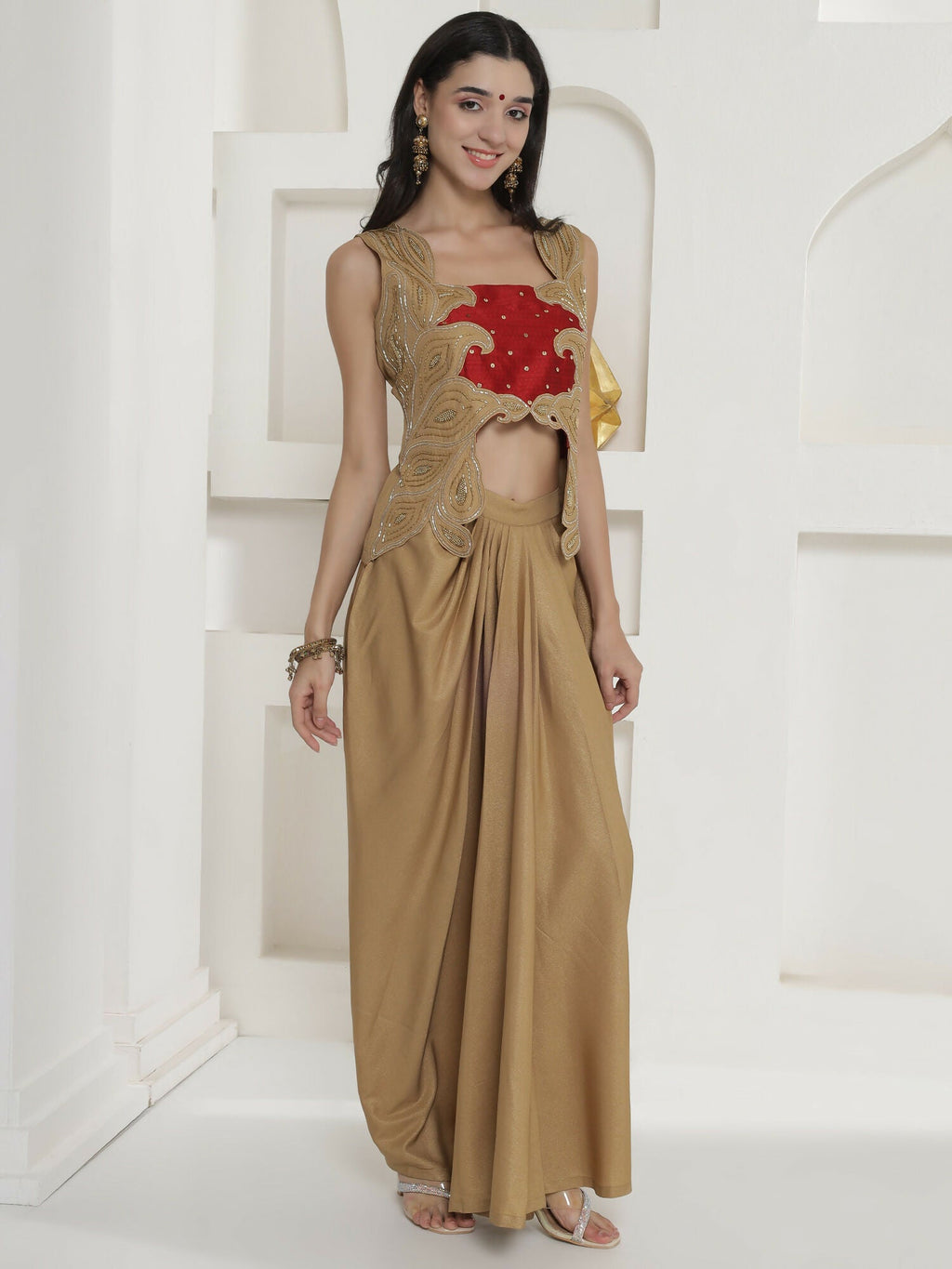 Golden Shimmer Chinnon Skirt Set with Hand Embellishment