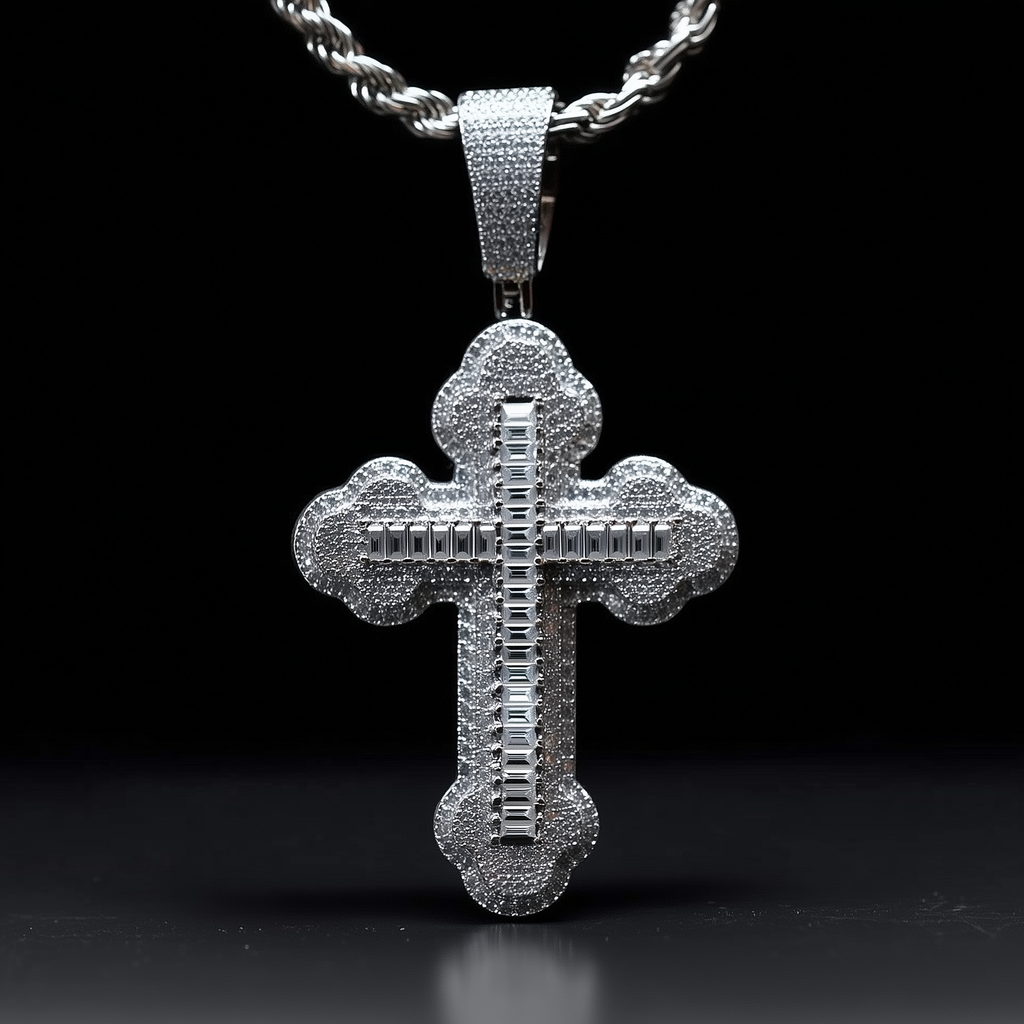 Moissanite Cross Pendant – 925 Silver Iced Baguette Jewelry