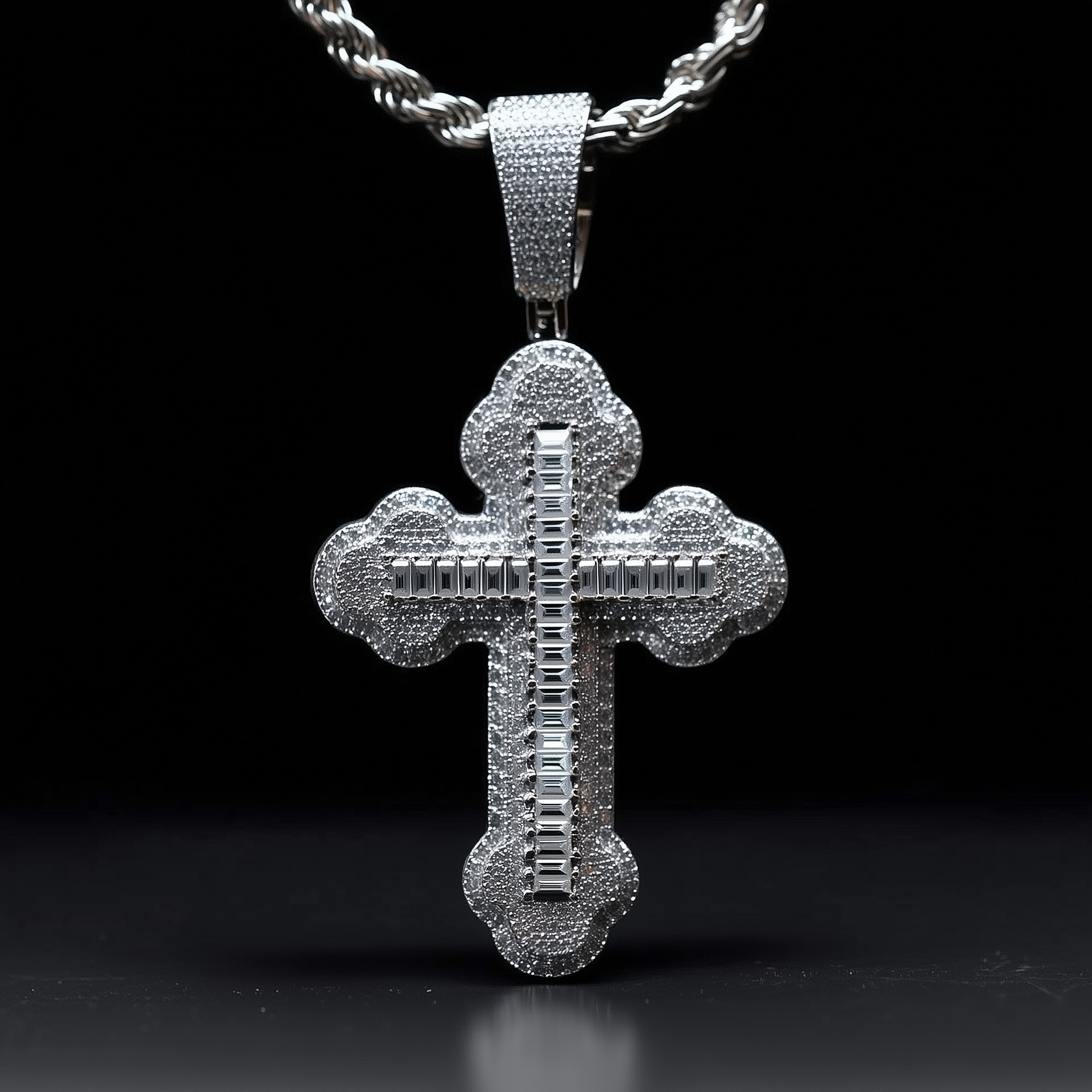 Moissanite Cross Pendant – 925 Silver Iced Baguette Jewelry