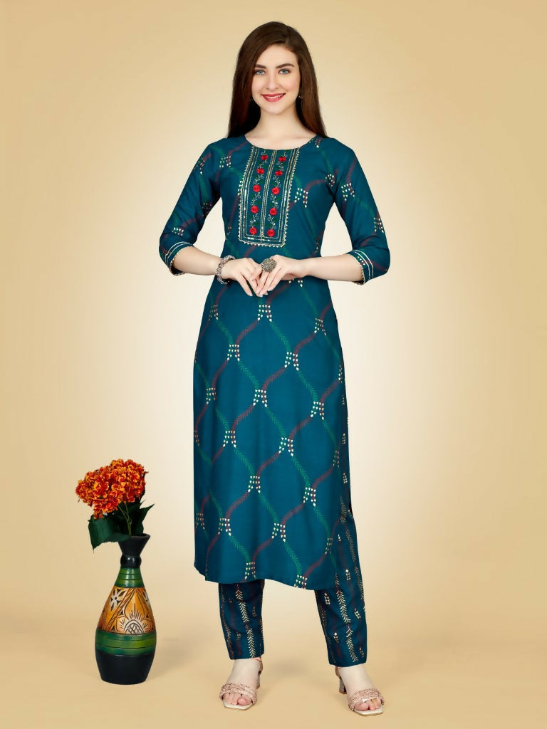 Women wearing a teal straight-cut embroidered kurta and matching pant set in rayon fabric