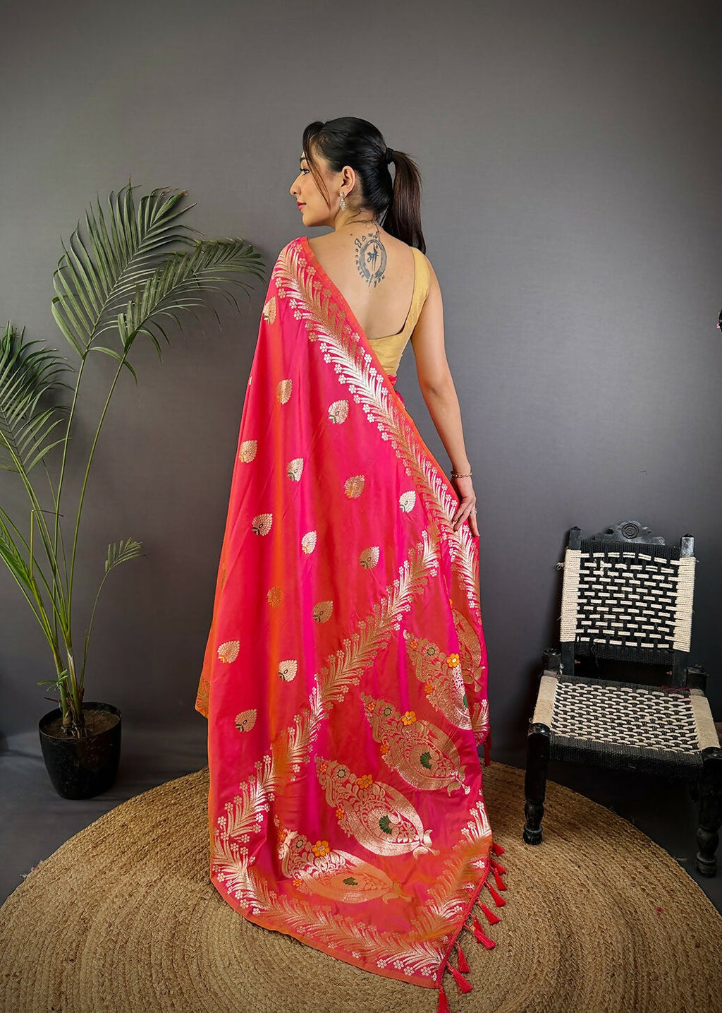 Pink Banarasi Woven Soft Silk Saree with Matching Blouse Piece