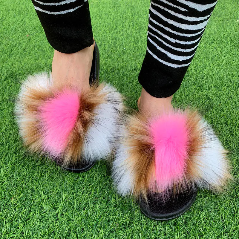 Women's Multicolored Faux Fur Flat Slippers Cozy Open Toe Slides - Image 45