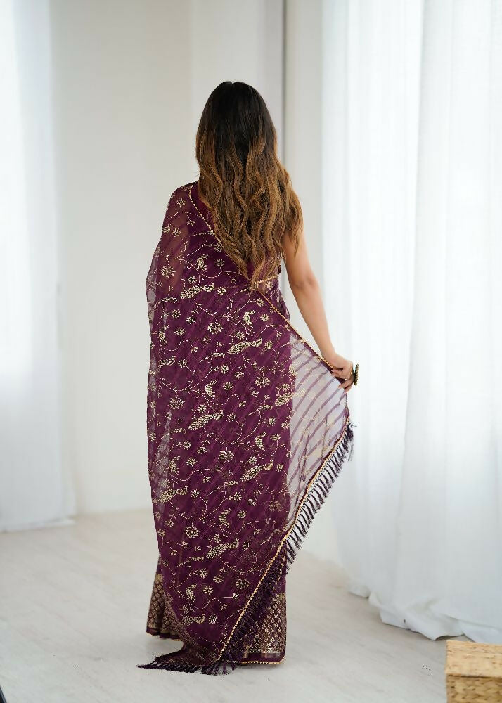 Wine Georgette Saree with Foil Work and Zalar Lace