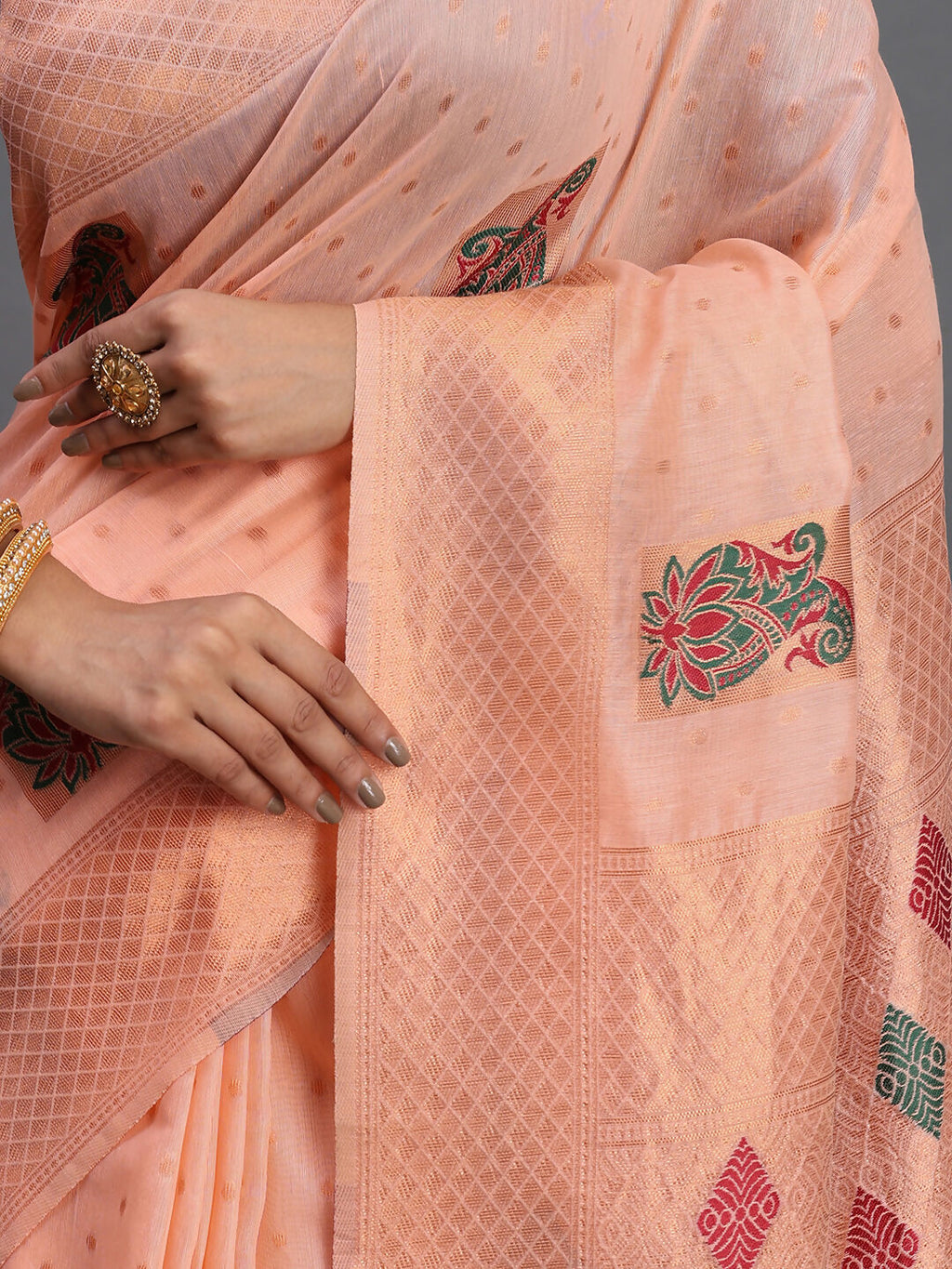 Peach Linen Cotton Saree with Matching Blouse Piece