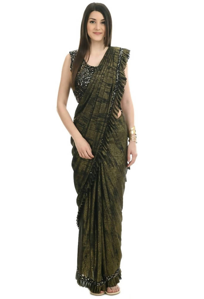 Olive Green and Black Ruffled Ready-to-Wear Lycra Saree
