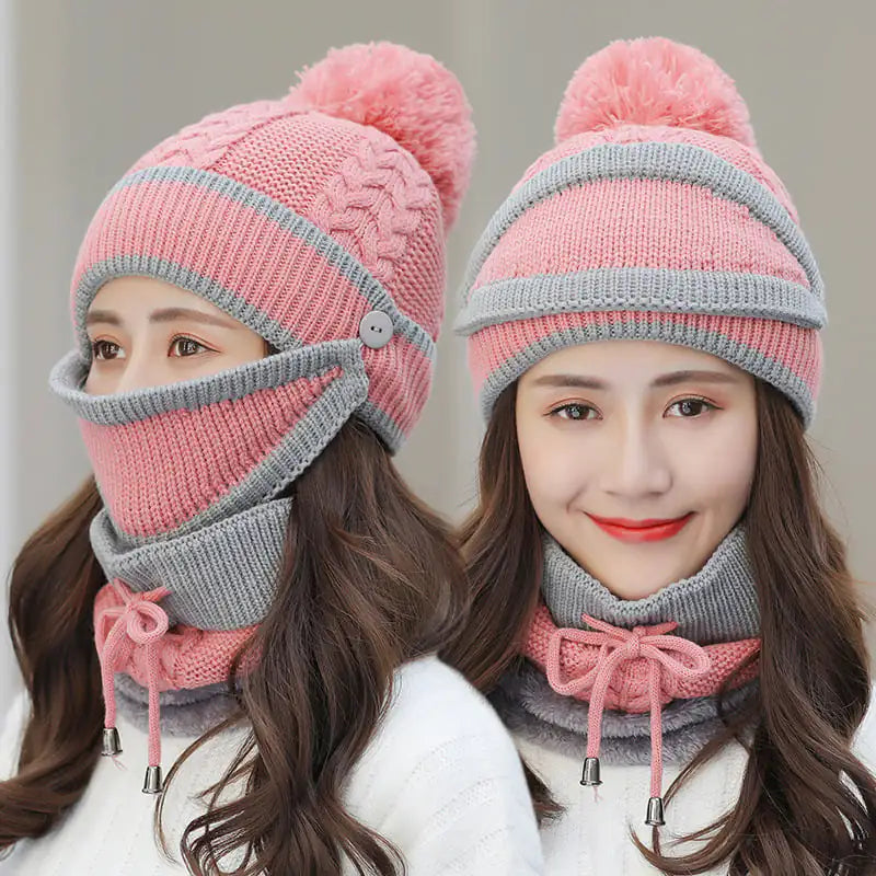 Women's 3-Piece Knitted Beanie Hat and Scarf Set with Face Mask - Image 3