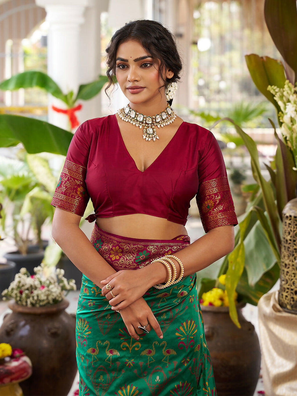 Green Soft Silk Saree with Contrast Maroon Blouse Piece