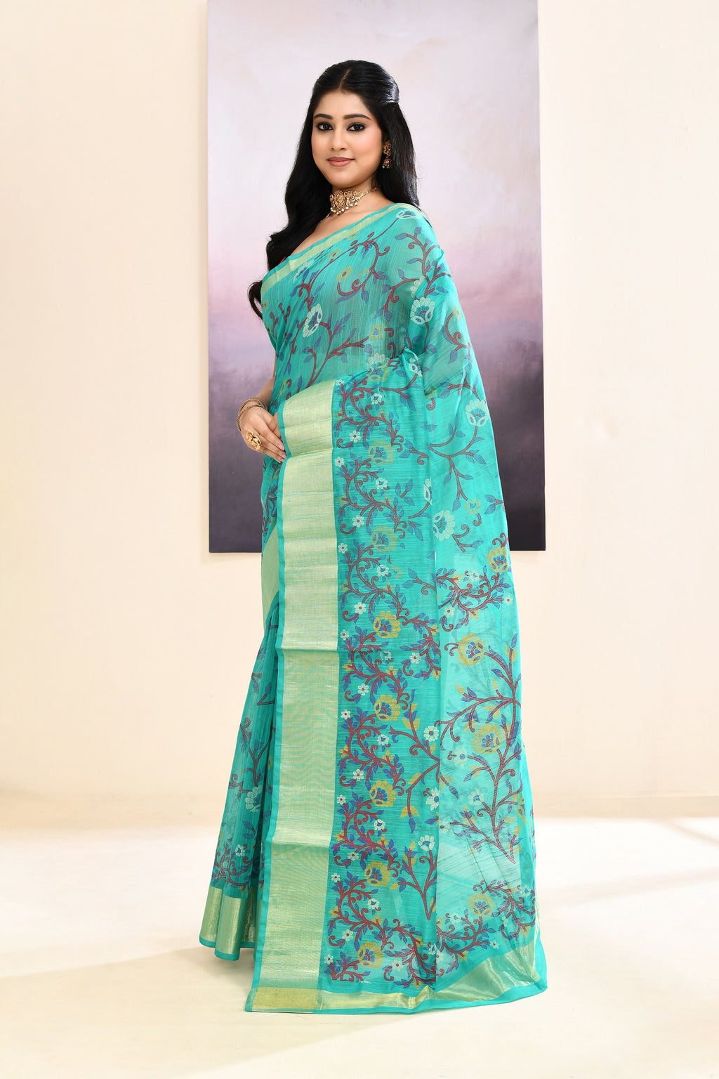 Turquoise Embellished Cotton Blend Printed Saree
