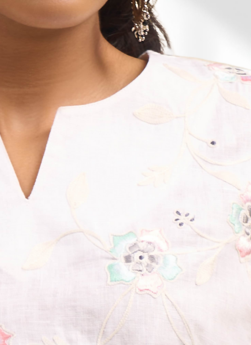 Off White Linen Embroidered Cord Set with Split V-Neck