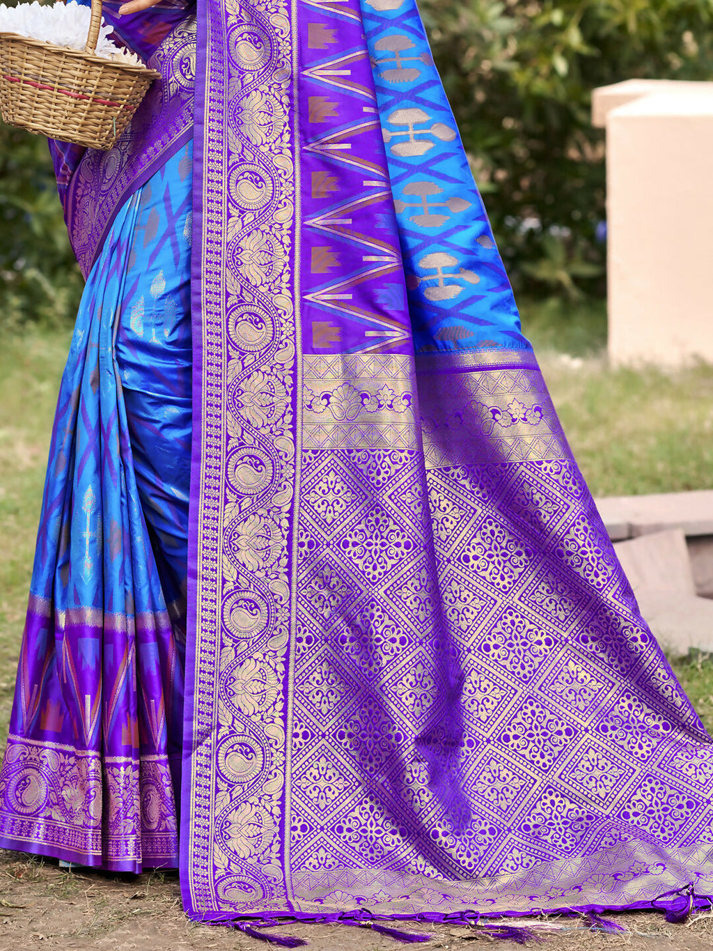 Sky Blue Pochampally Silk Saree with Matching Silk Blouse