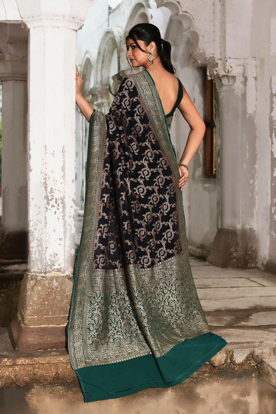 Navy Blue Crepe Chiffon Handloom Banarasi Silk Saree
