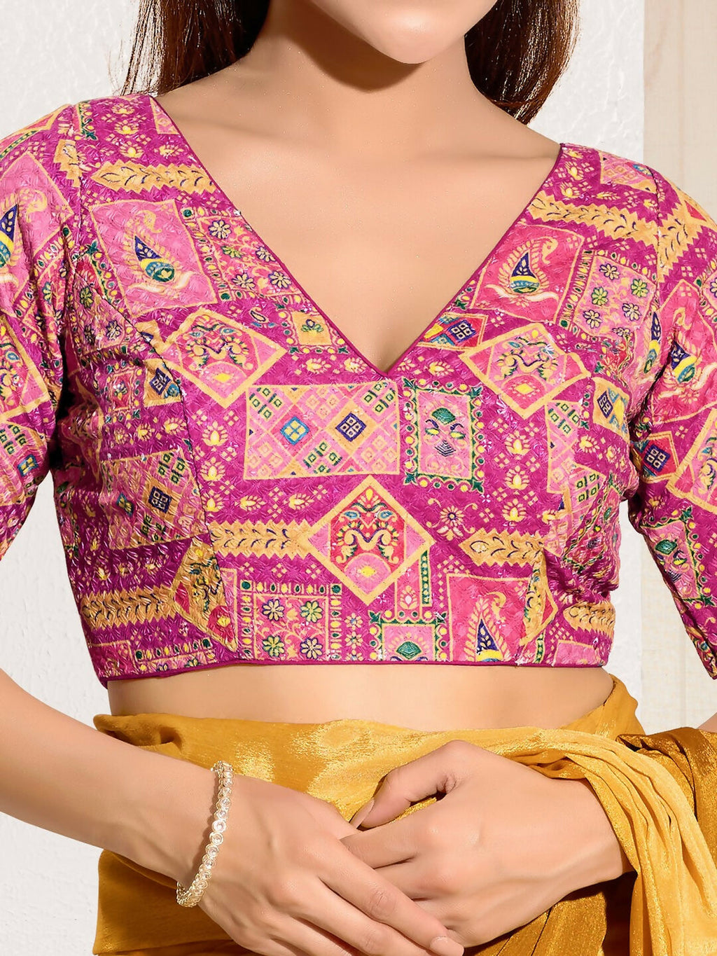 Pink Viscose Rayon Padded Blouse with V-Neck and Elbow Sleeves