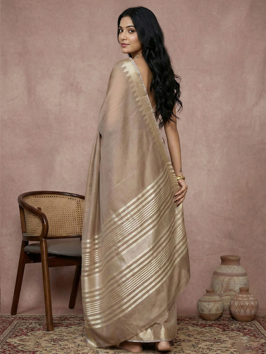 Women's Beige Cotton Saree with Matching Blouse