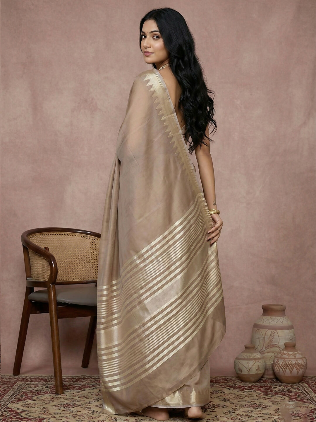 Women's Beige Cotton Saree with Matching Blouse