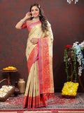 Luxurious cream Kanjivaram silk saree with detailed zari woven border