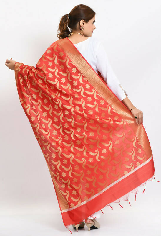 Red Banarsi Silk Dupatta with Intricate Floral Woven Design