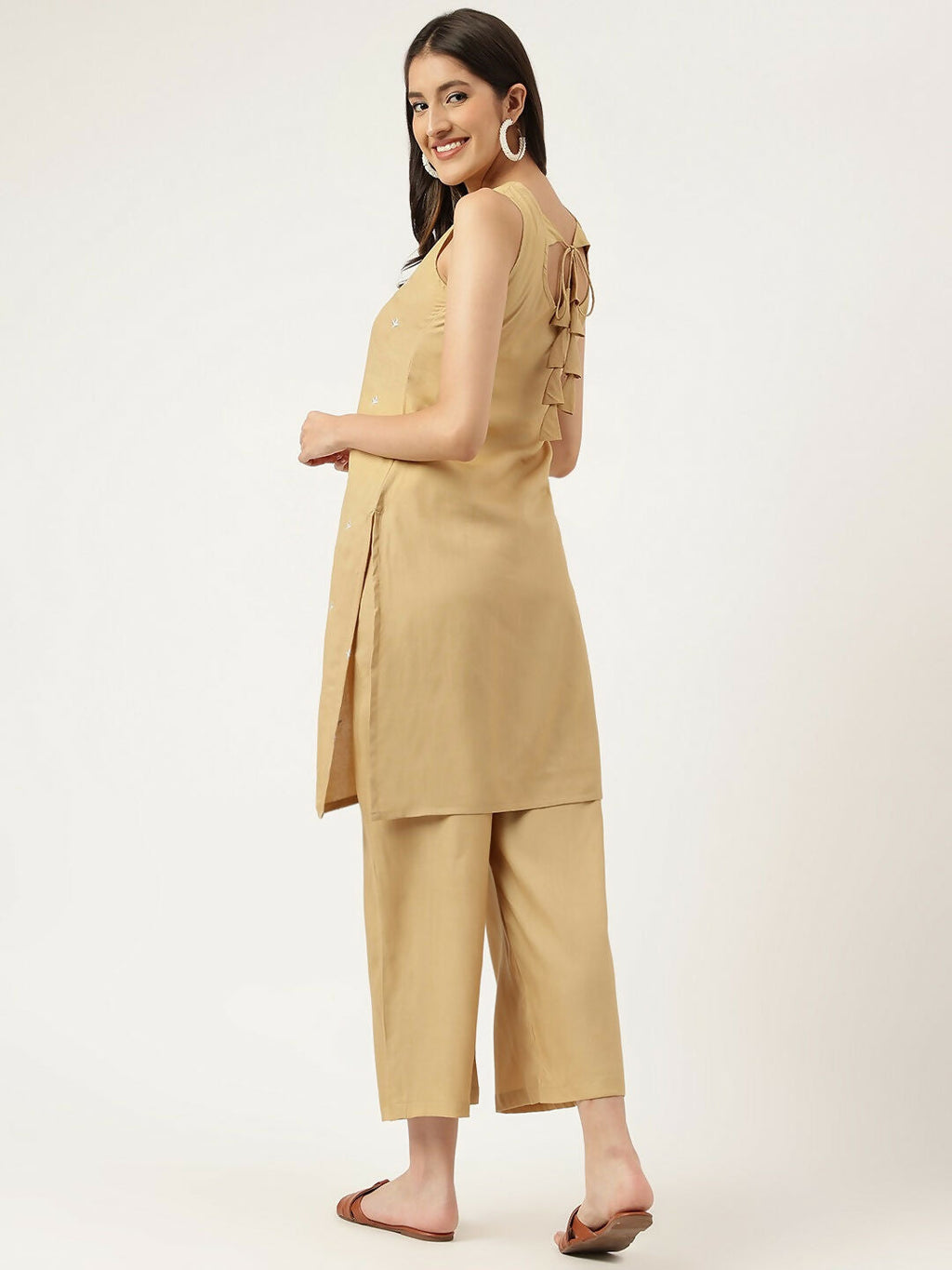 Beige Rayon Straight Kurta and Bottom Set with Embroidered Work