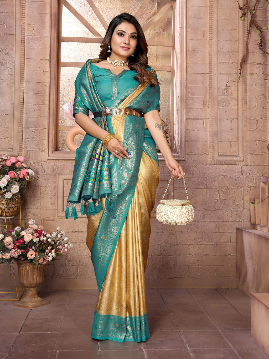 Gold Banarasi Tissue Silk Saree with Intricate Weaving
