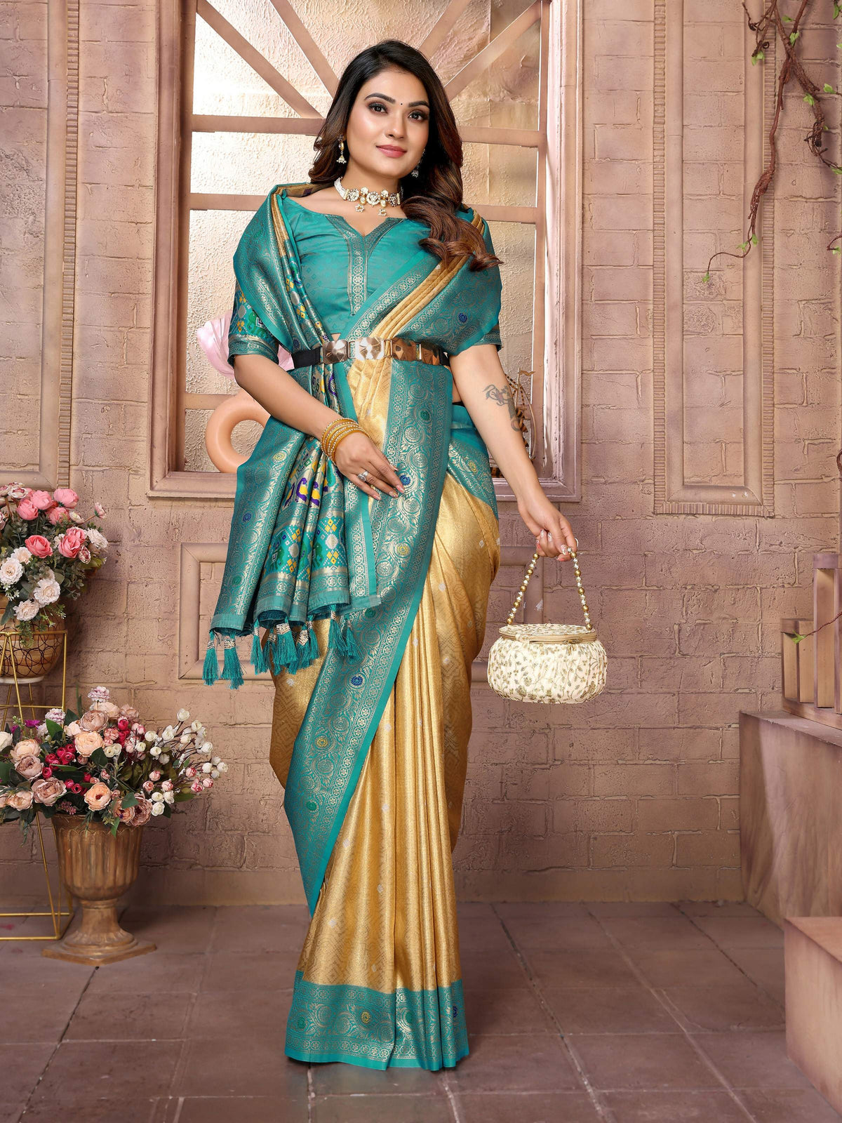 Gold Banarasi Tissue Silk Saree with Intricate Weaving