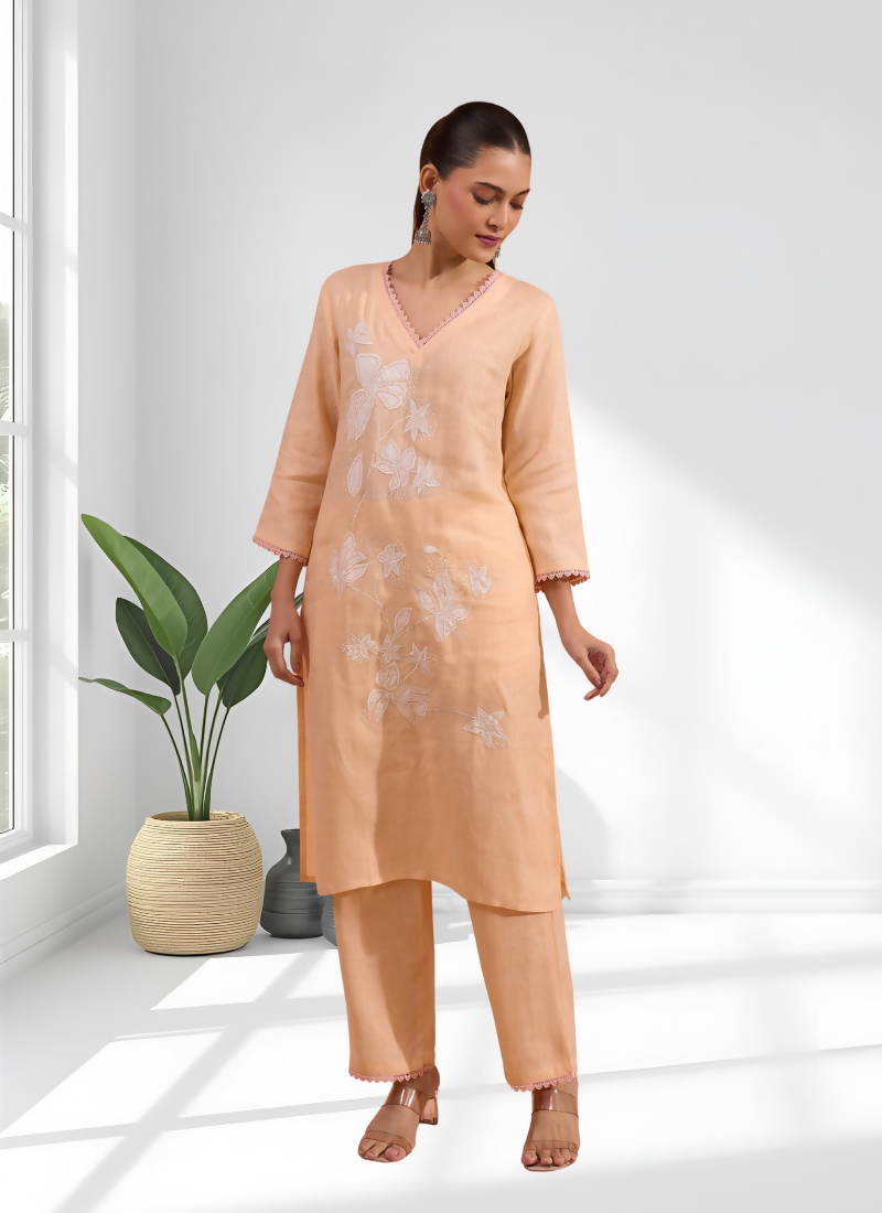 Coral Linen Embroidered V-Neck Long Kurta Set with Pant