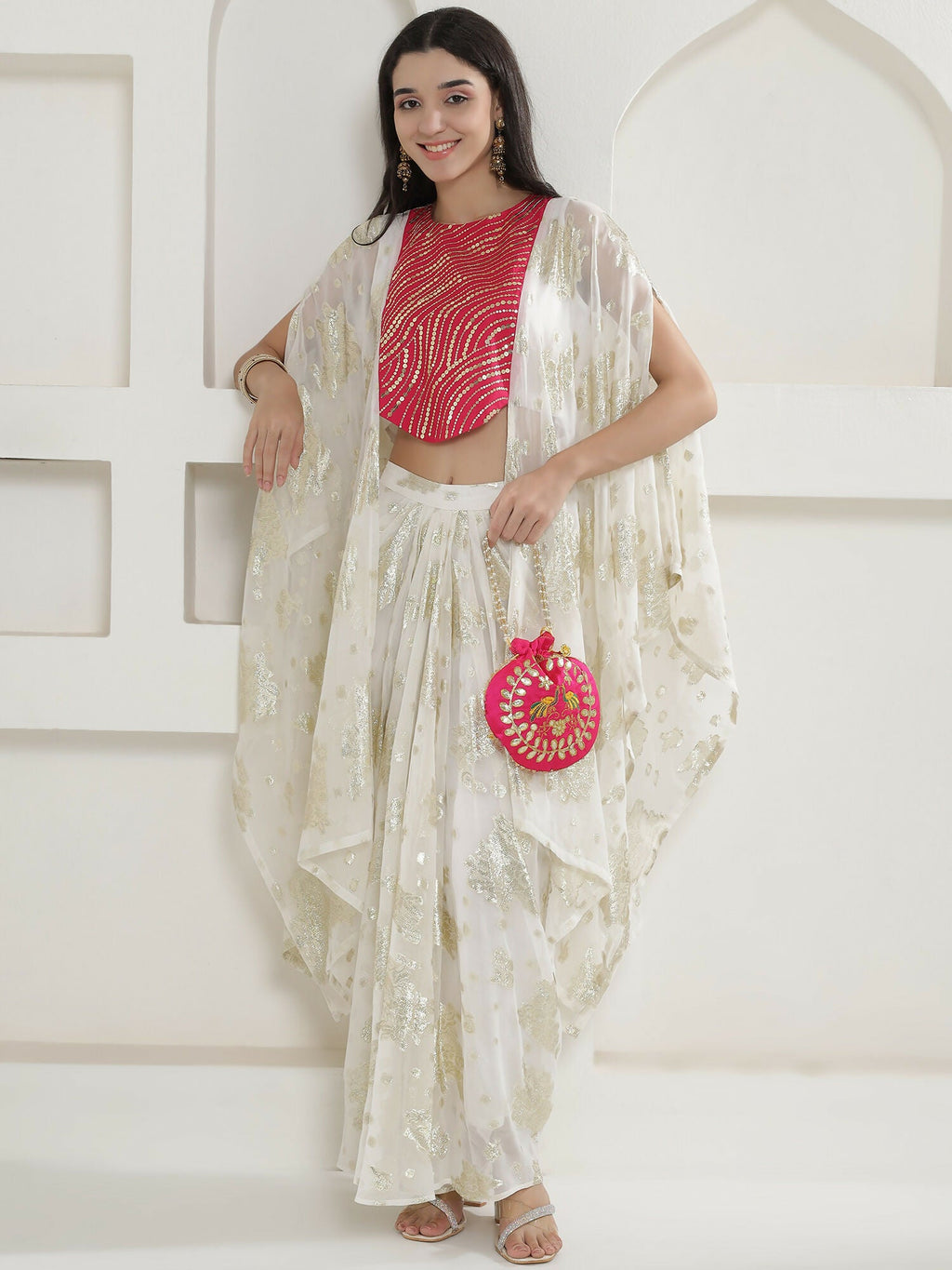 White & Pink Kaftaan with Skirt Set - Hand Embellished Chinnon
