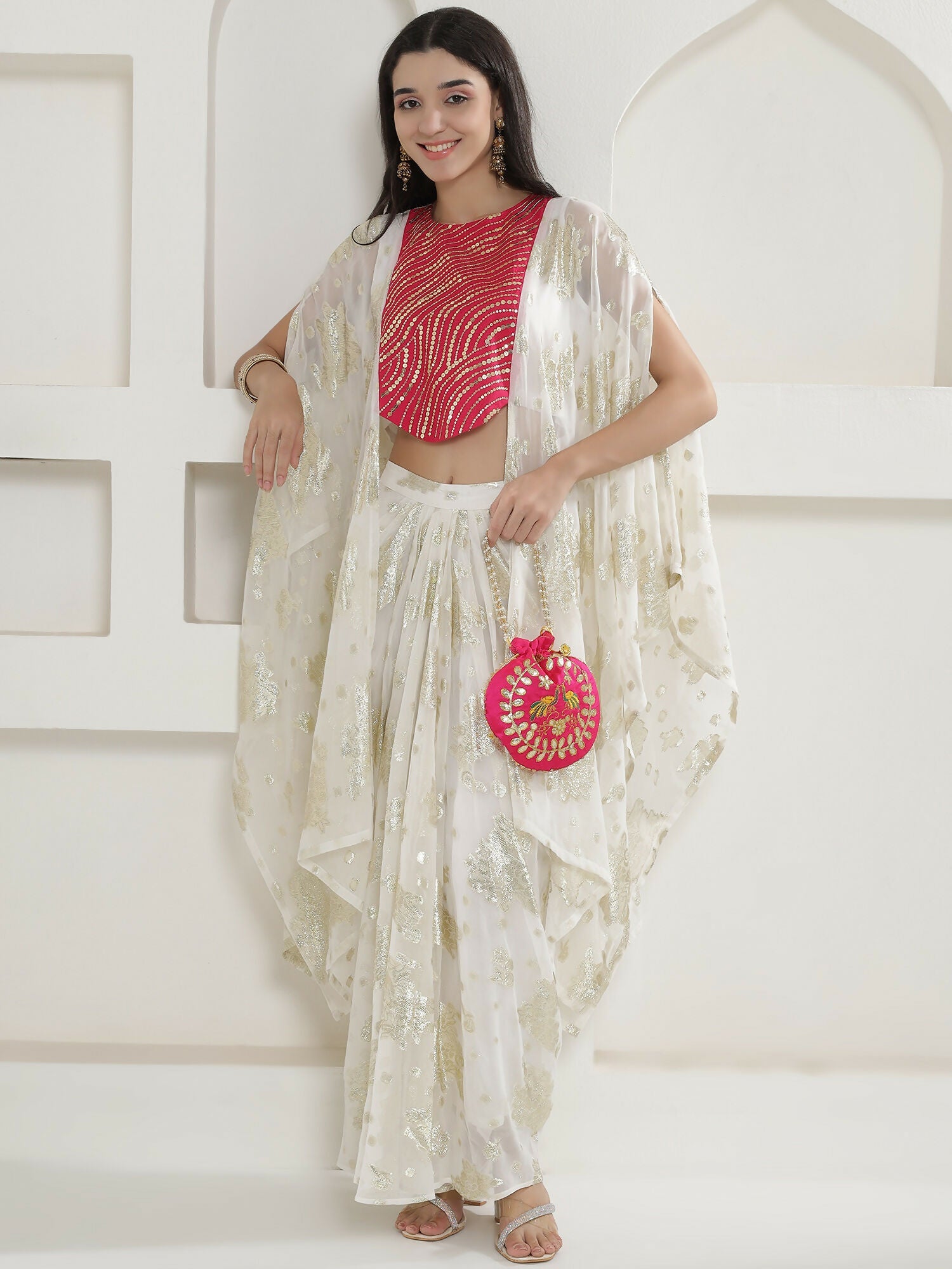 White & Pink Kaftaan with Skirt Set - Hand Embellished Chinnon