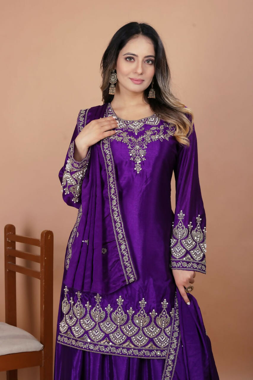Purple Silk Embroidered Sharara Set with Stitched Kurti