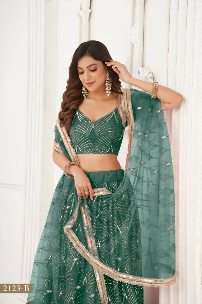 Bottle Green Butterfly Net Lehenga with Mirror and Sequence Work