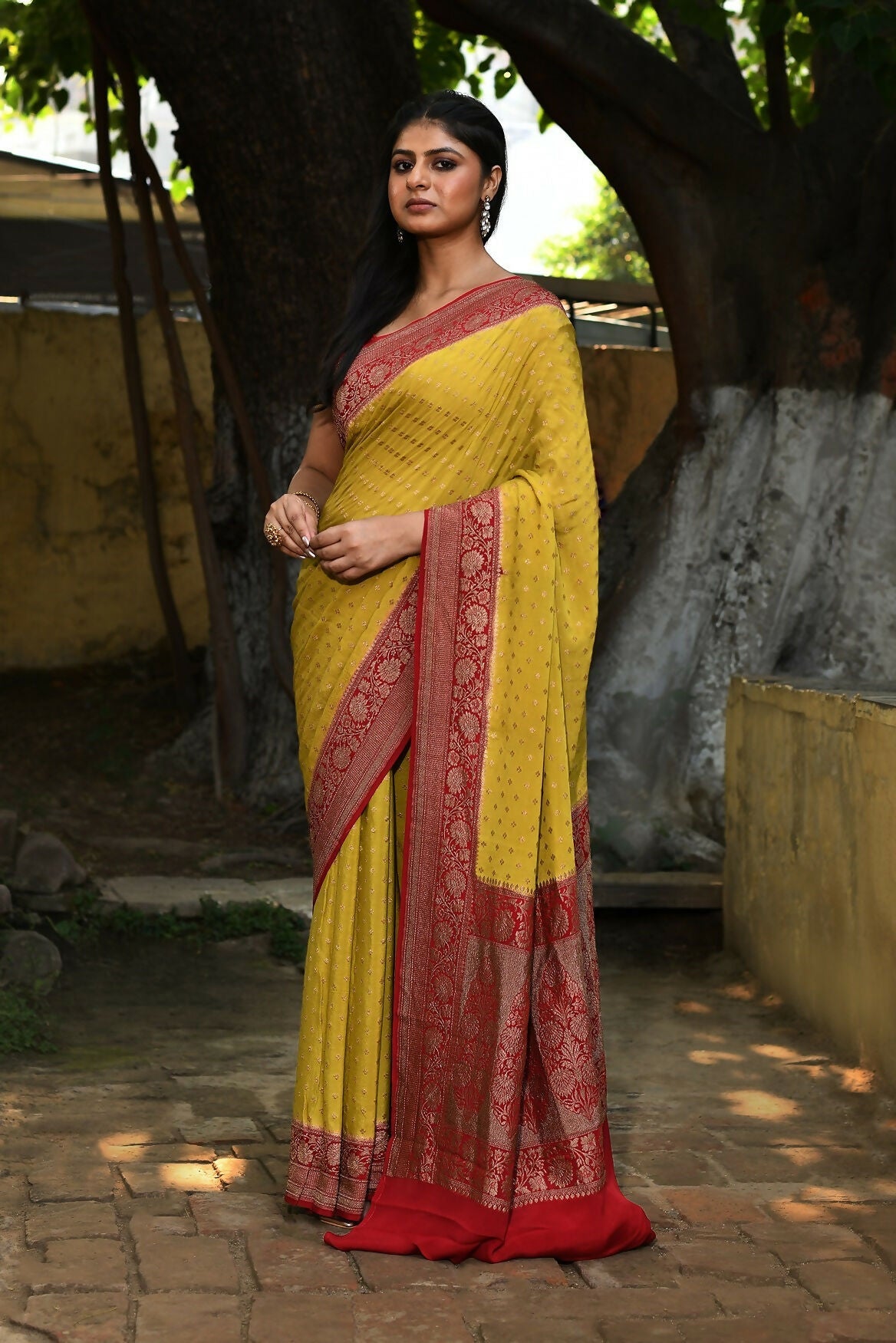 Yellow Crepe Chiffon Handloom Banarasi Silk Saree