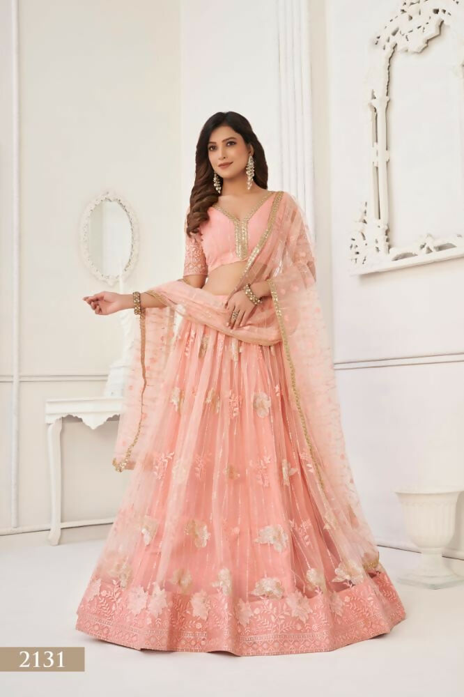 Peach Butterfly Net Lehenga with Tone-to-Tone Sequence Work