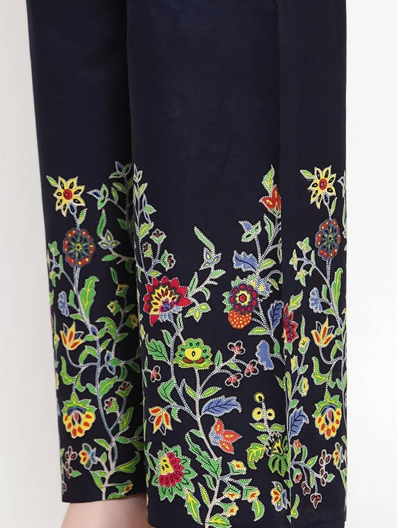 Navy Blue Floral Print Palazzo Pants - Comfortable Wide Leg