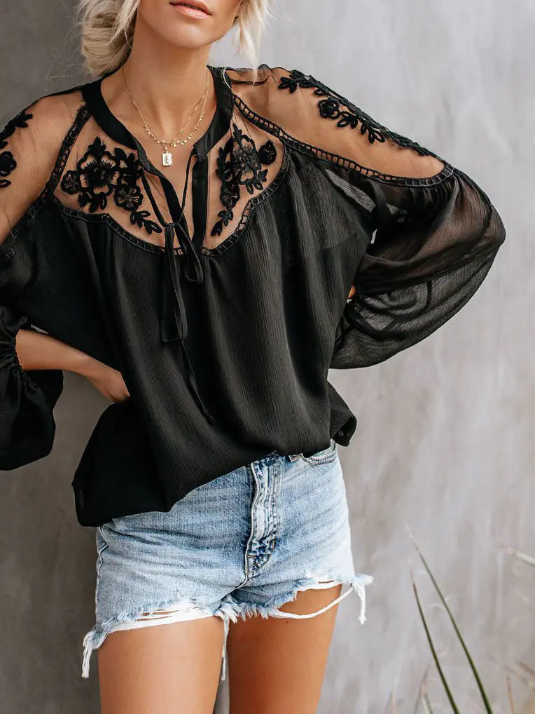 Women's Sheer Cold Shoulder Lace V-Neck Blouse - Image 3
