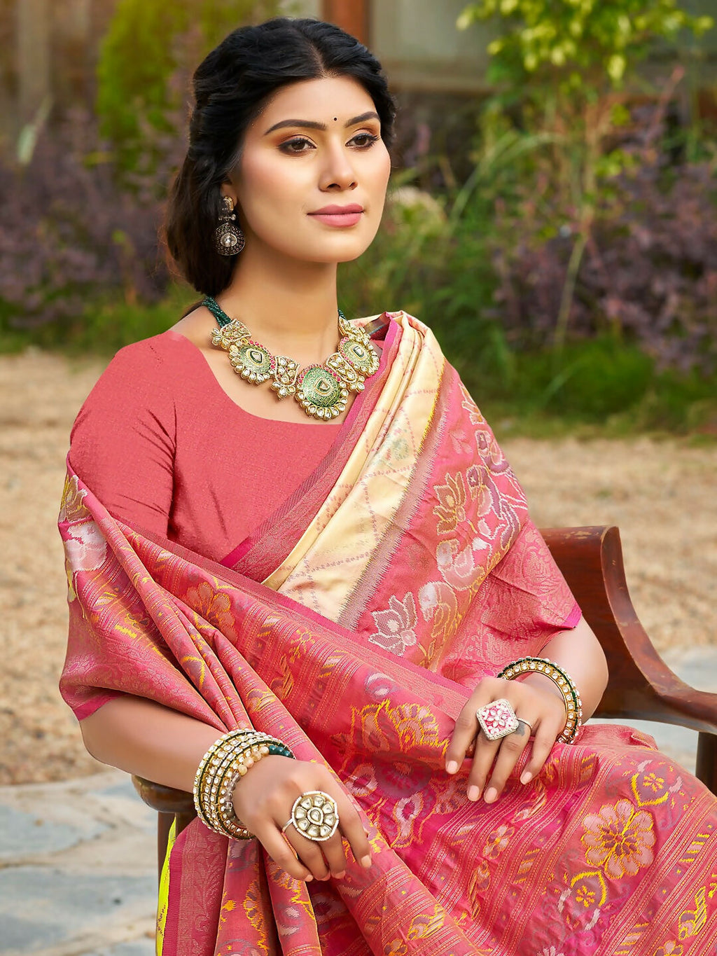 Cream Soft Silk Saree with Contrasting Pink Blouse