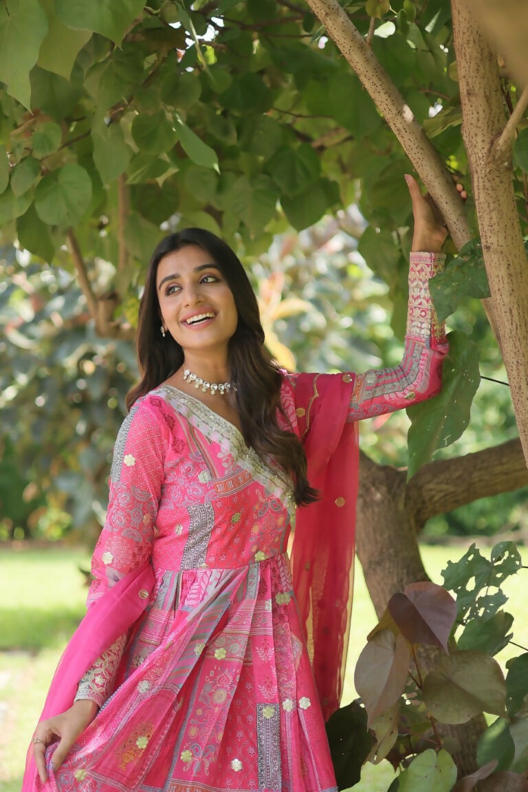 Pink Russian Silk Anarkali Dress with Abstract Digital Print