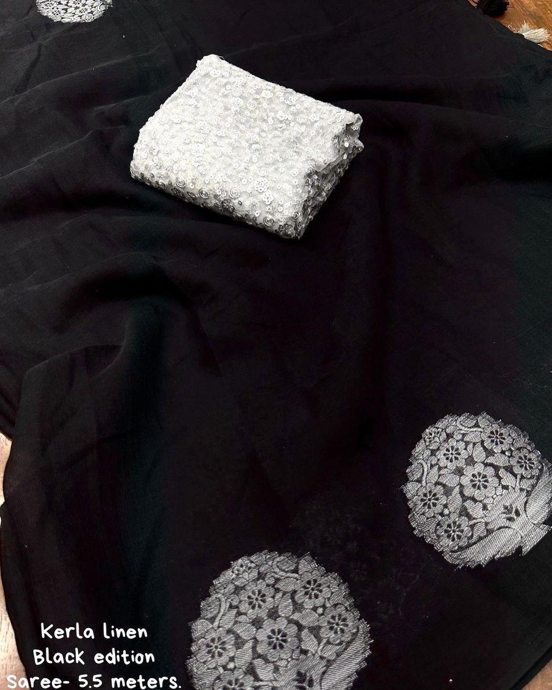 Black Pure Linen Saree with Zari Jacquard and Embroidered Blouse