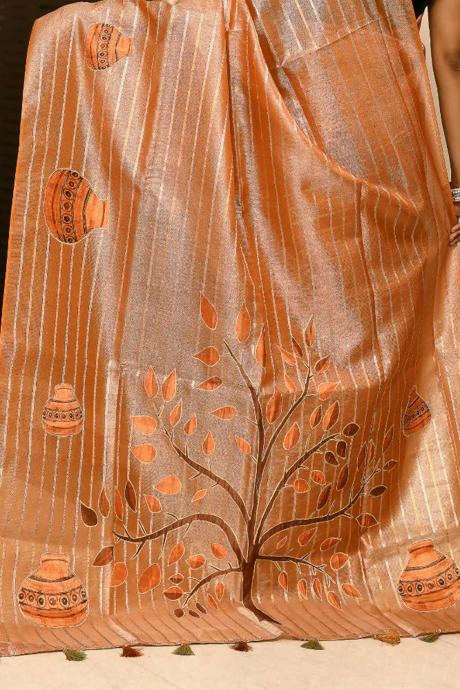 Joban Fashion Orange Saree Tissue Zari Buti Allover Matka Applick With Contrast Blouse