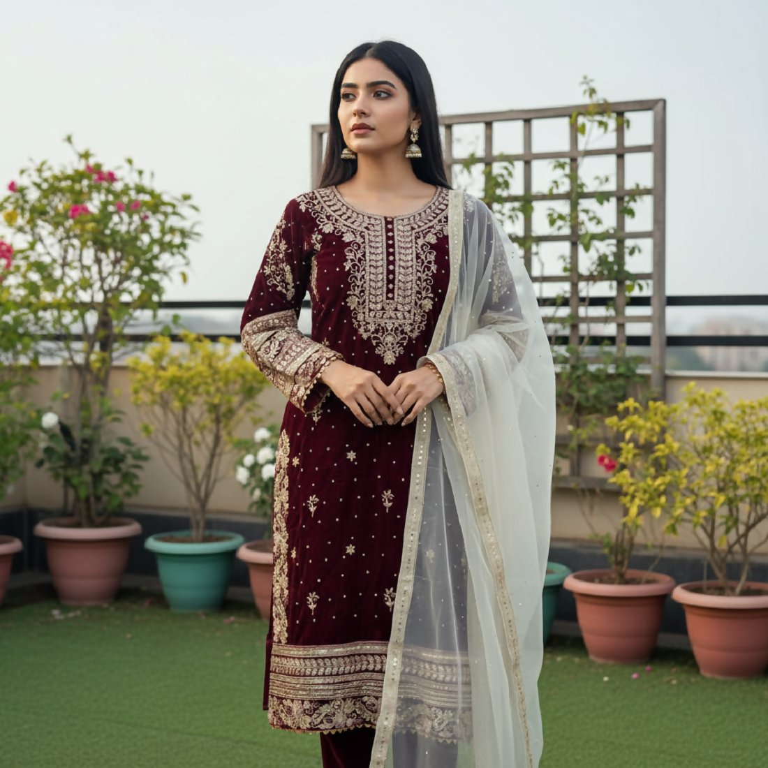 Maroon Velvet Embroidered Kurta Set with Sequence Details