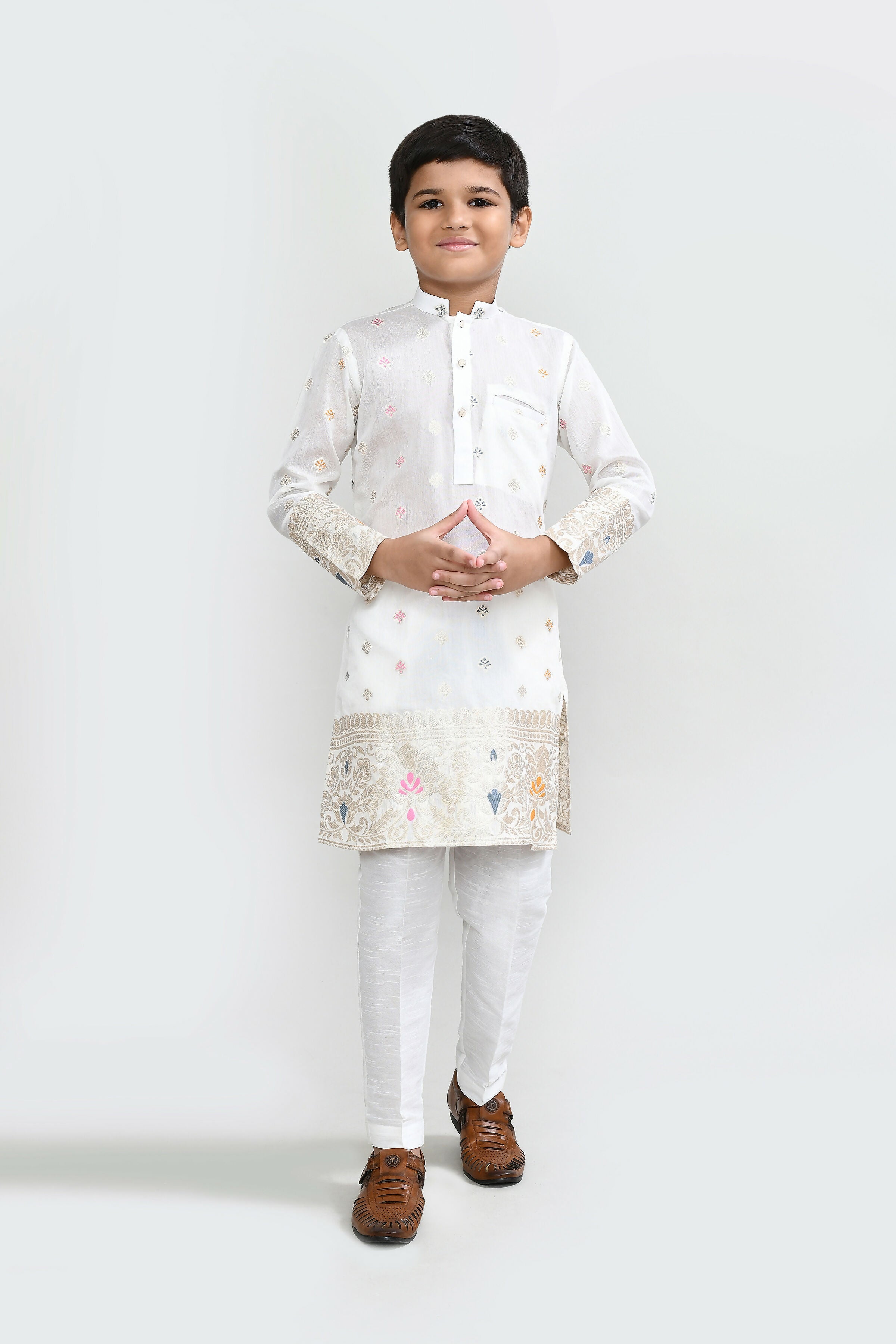 White Jacquard Silk Kurta Set with Straight Fit Pants