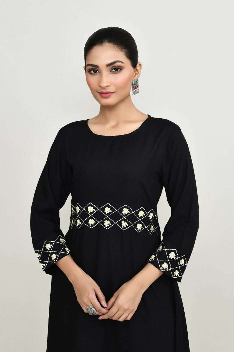 Black Rayon Kurta Set with Golden Dupion Silk Pants & Embroidery