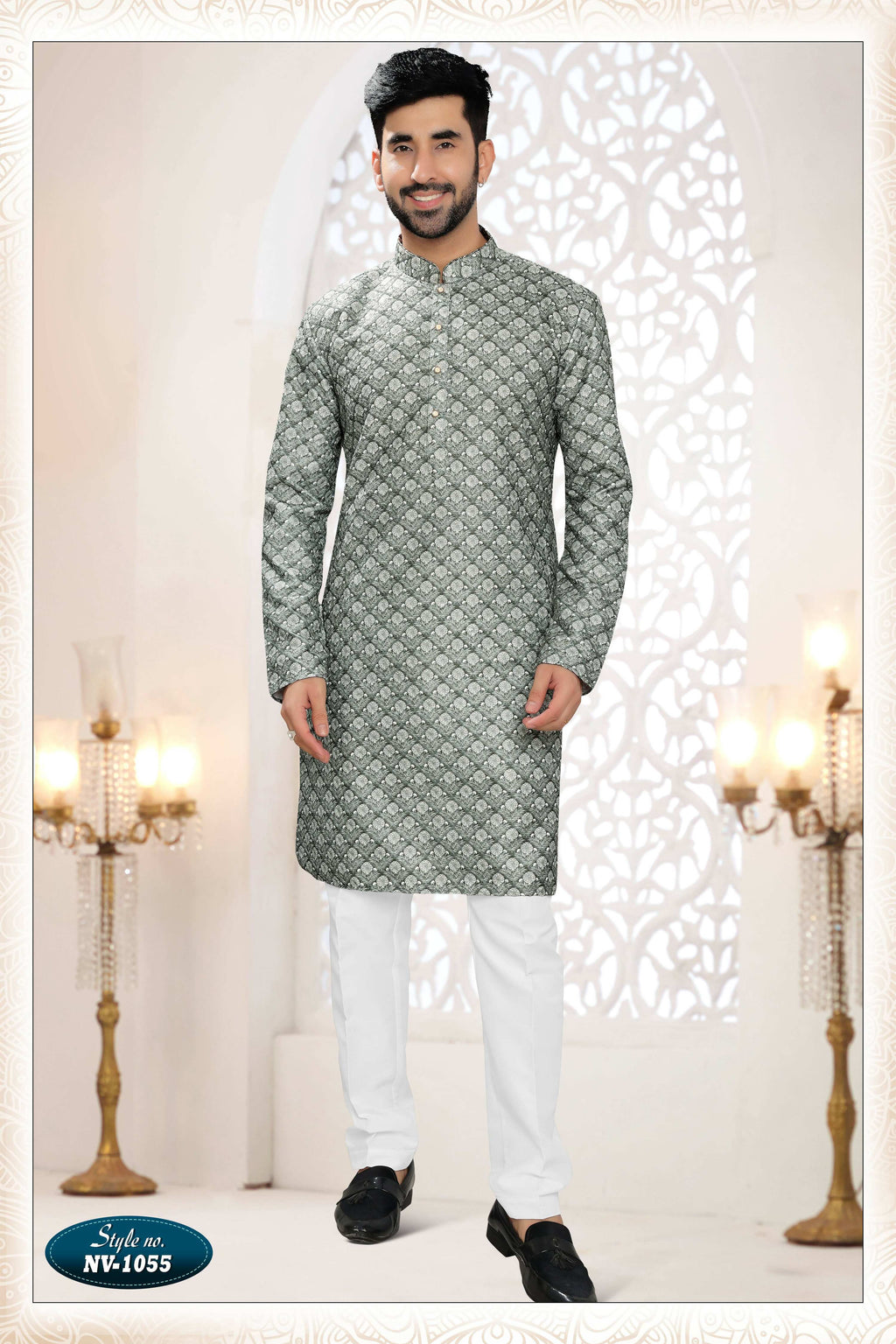 Men wearing a green silk straight kurta with all-over intricate thread embroidery