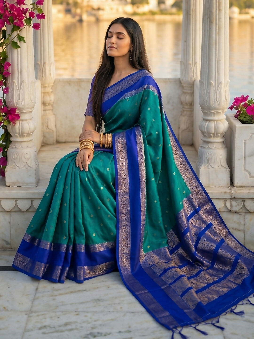 Rama Silk Blend Saree with Matching Blouse Piece