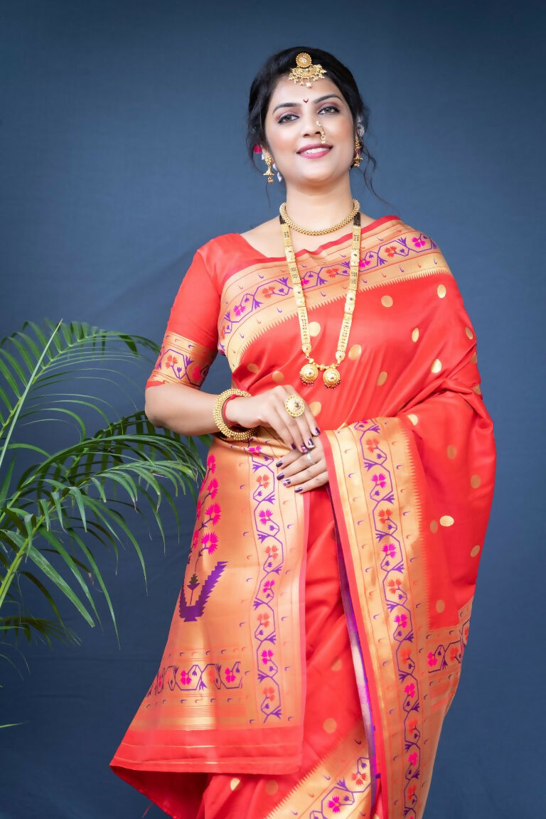 Red Paithani Silk Saree with Zari Woven Border and Blouse