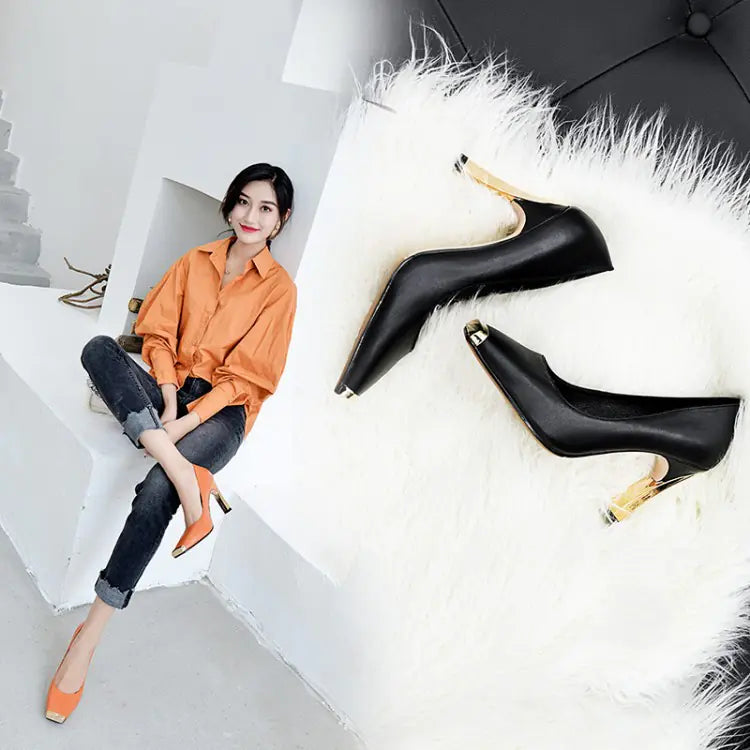 Women's Leather Square Toe Heels with Metallic Gold Heel and Tip - Image 7