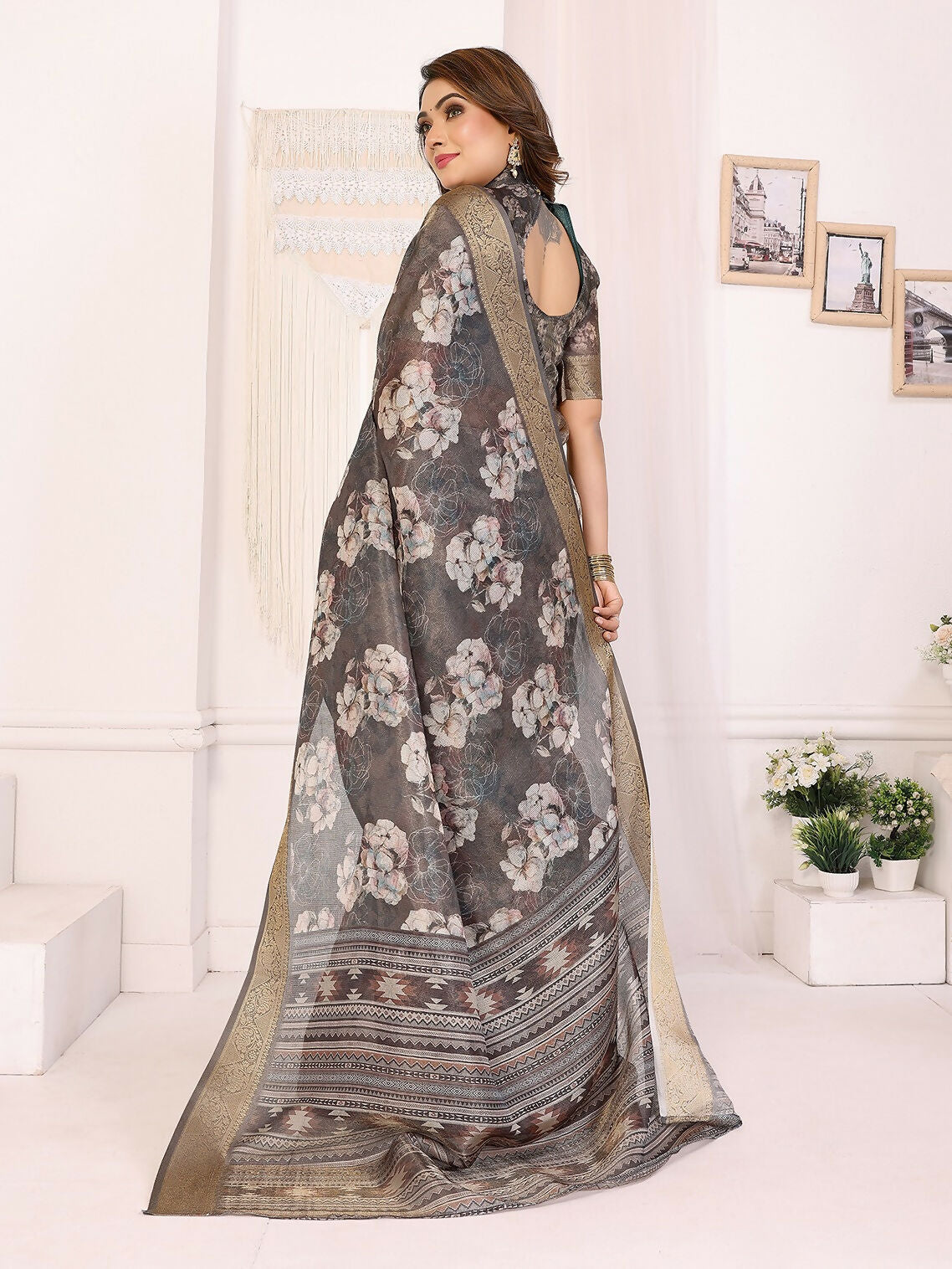 Dark Grey Floral Print Banarasi Silk Saree with Unstitched Blouse