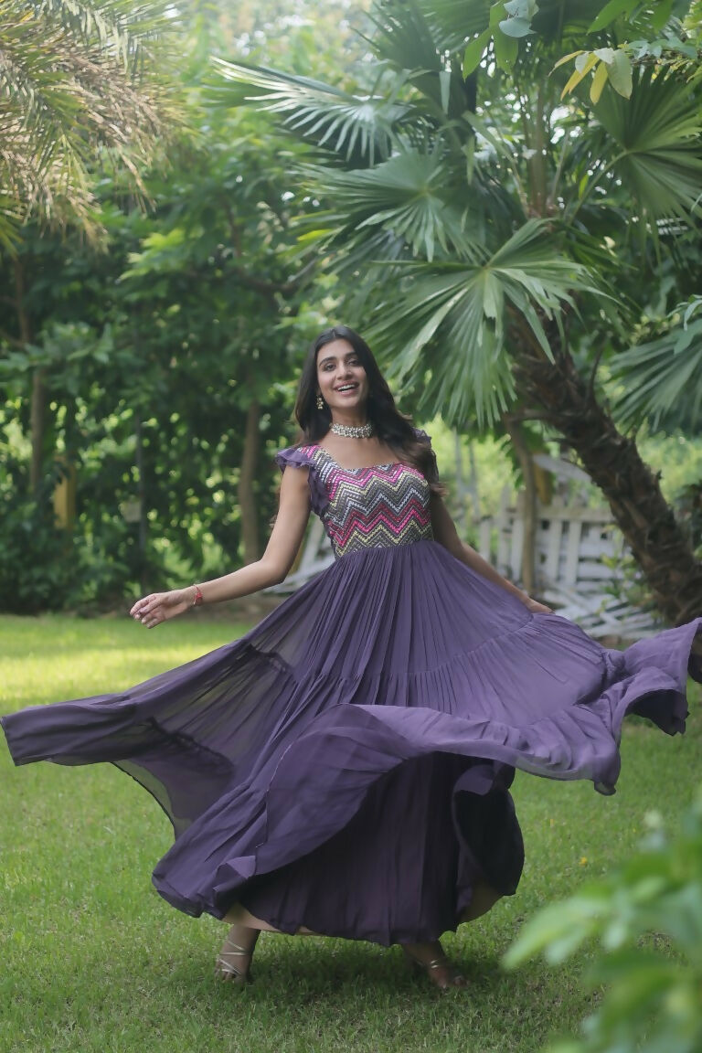 Wine Sequins Thread Embroidery Faux Georgette Anarkali Dress